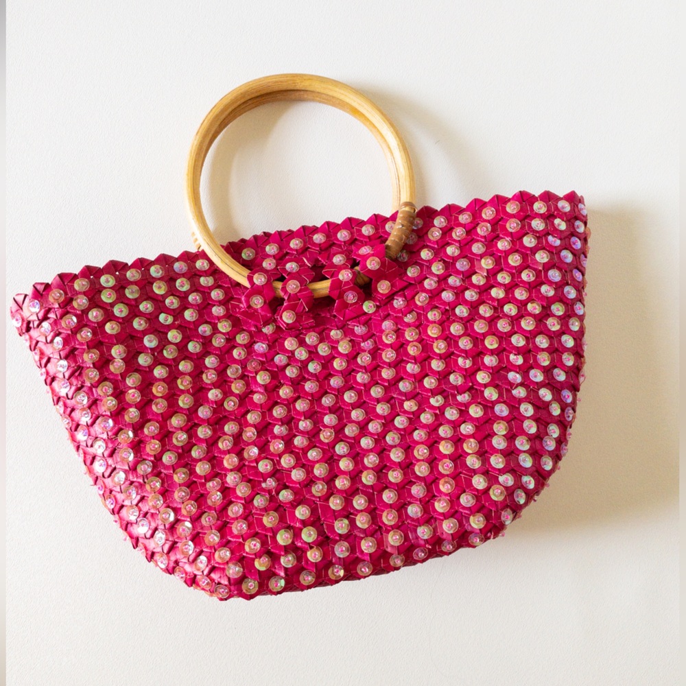 Small Pink Sequin Bag W Wooden Handle